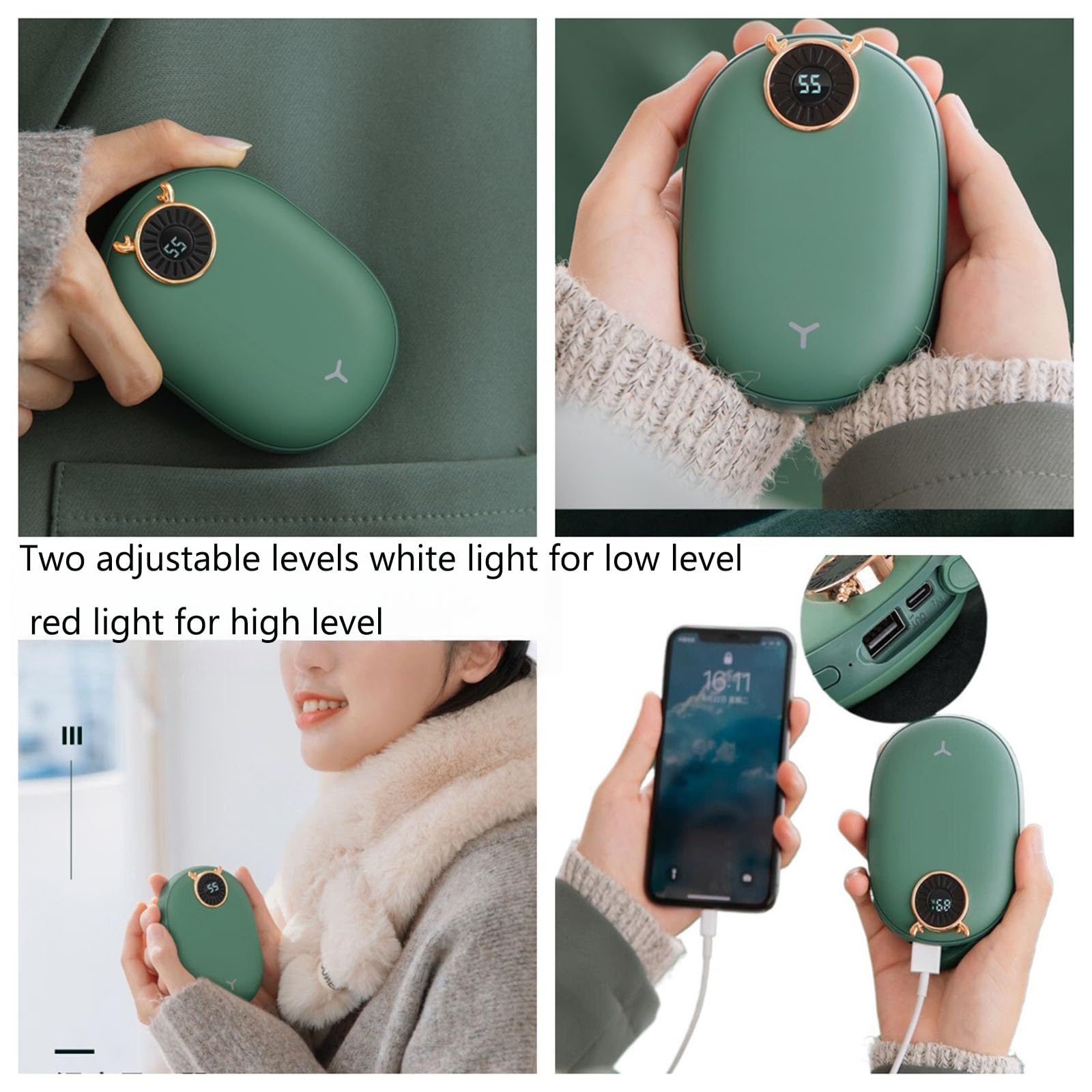 Mini Scaldamani E Power Bank, 2 Configurazioni, Riscaldamento Rapido in 5 Secondi, Riscaldatori Elettrici Portatili da Tasca, Riutilizzabili, Ufficio E RegaloGreen,One Size