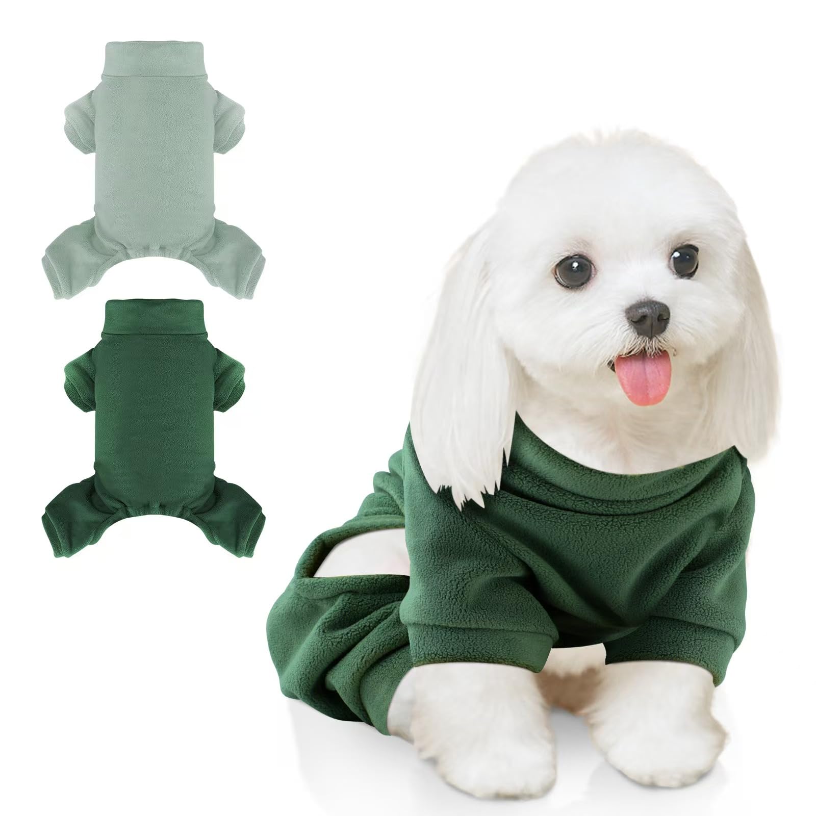 Pijama de forro polar para perro, 2 unidades, pijama térmico de cuello alto para perro, enterizo cálido para perro, ropa suave para cachorros y gatos de tamaño pequeño (verde, S)