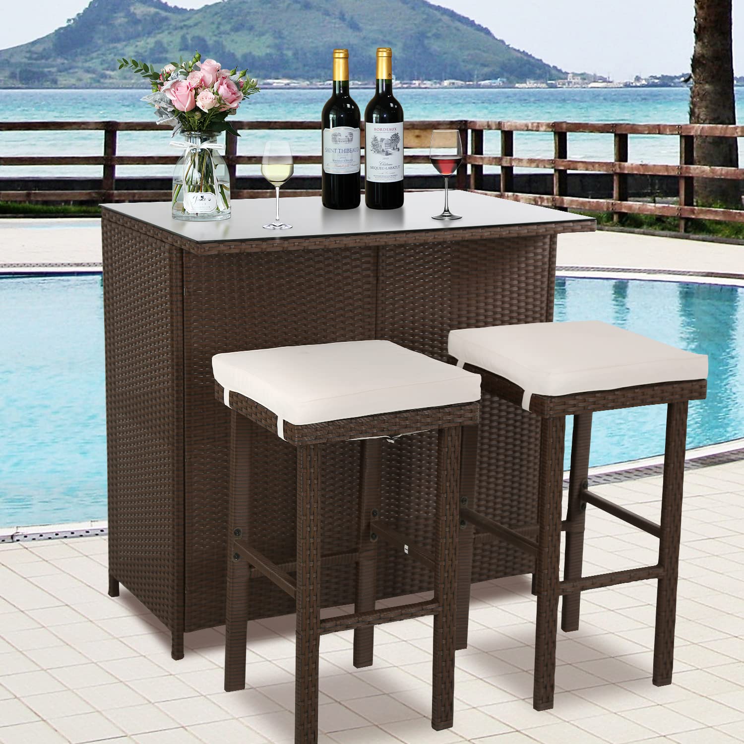 Buy 3Piece Patio Bar Set Outdoor Wicker Bar Set AllWeather Rattan Bar