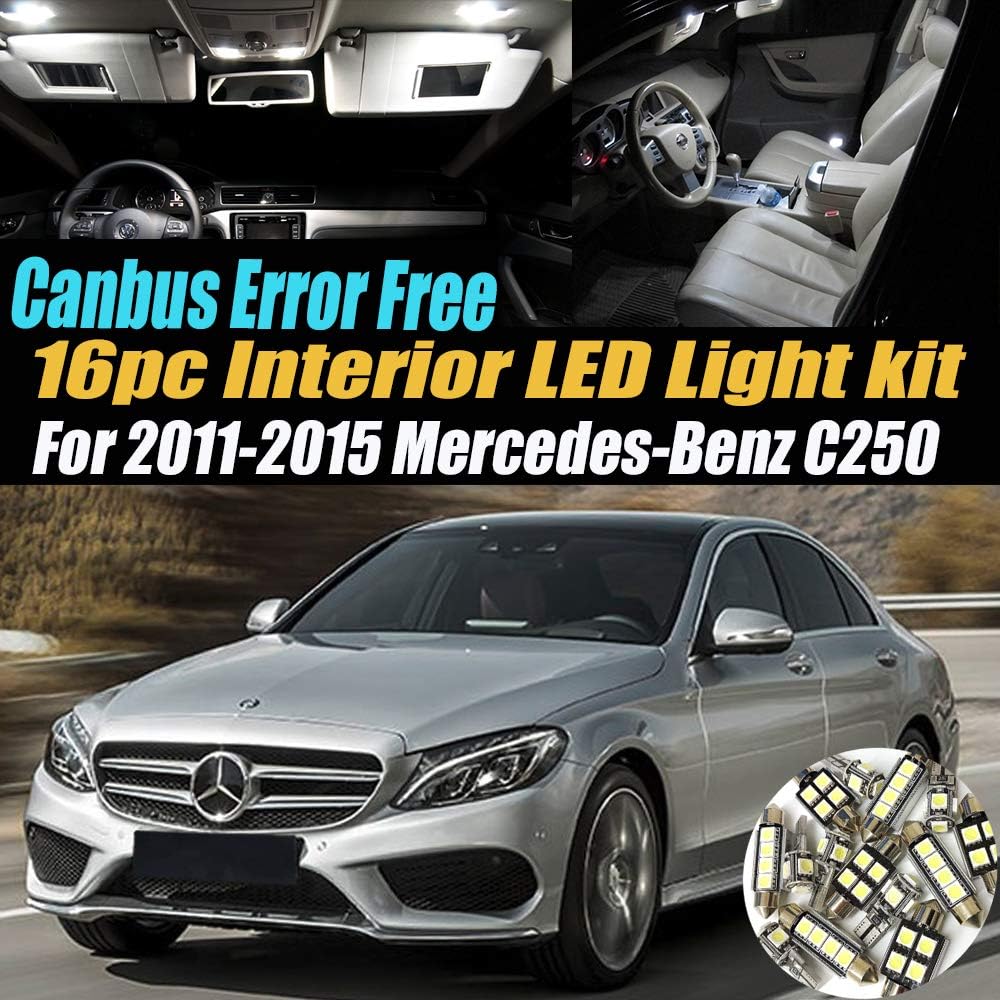 16Pc Canbus Error Free Super White 6000K Car Interior LED Light Kit Compatible for 2011-2015 Mercedes-Benz C250 Equipped w/Advanced Computer system