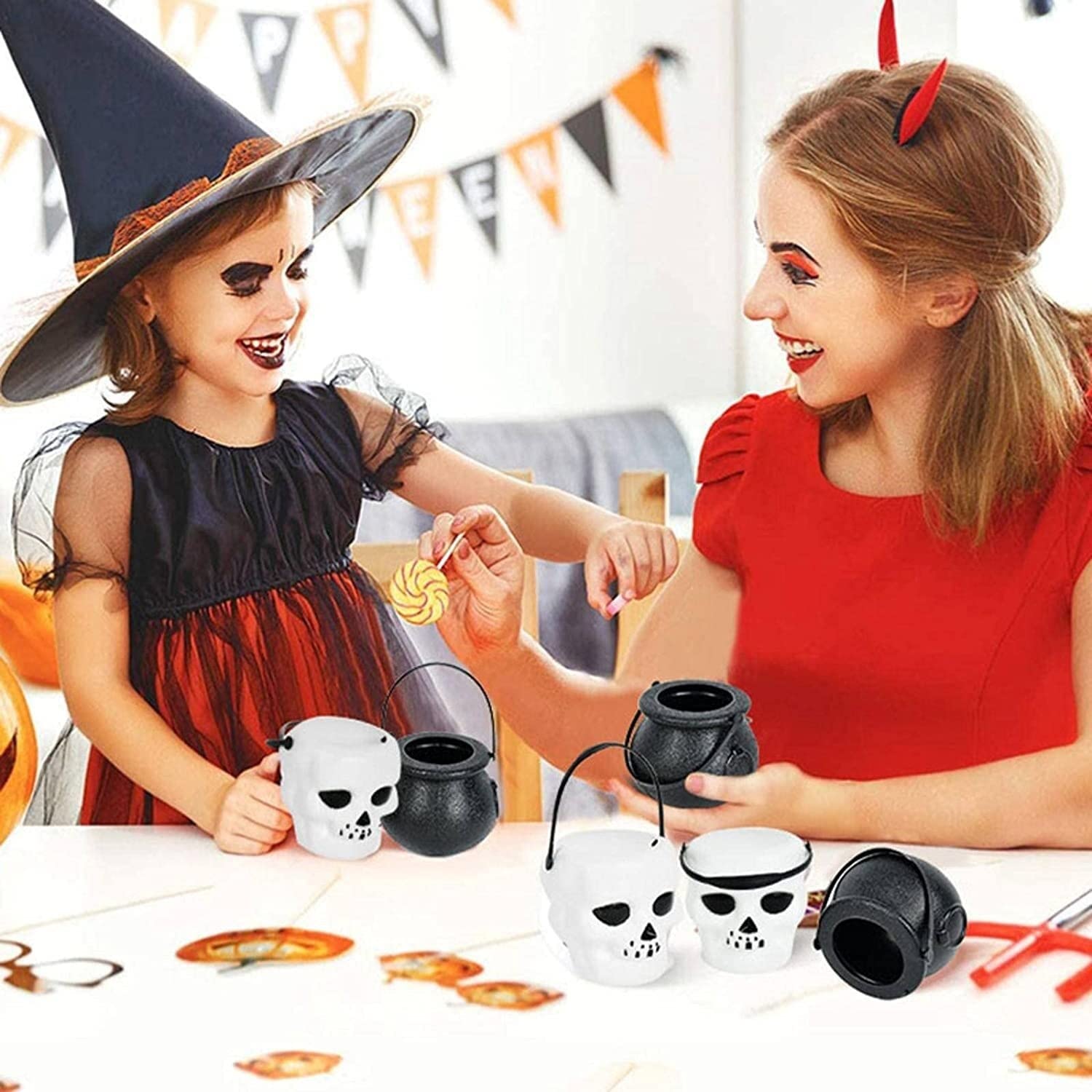 Latarnia na Halloween 6 Sztuk Halloween Biała Czaszka Czarna Czarownica Wiadro Na Cukierki Słoik Cukierek Albo Psikus Dekoracje Imprezę Halloweenową Rekwizyty Dekoracja na Halloween(A)