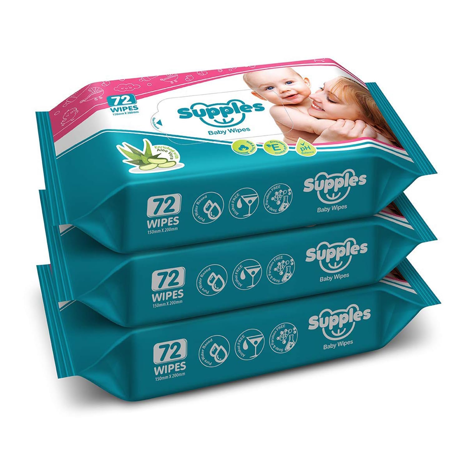 Amazon Brand - Supples Baby Wet Wipes | 216 Wipes | 72 Wipes x 3 Packs | Enriched With Aloe Vera and Vitamin E | Alcohol-free and Paraben-free | Pure Water-Based Formulation