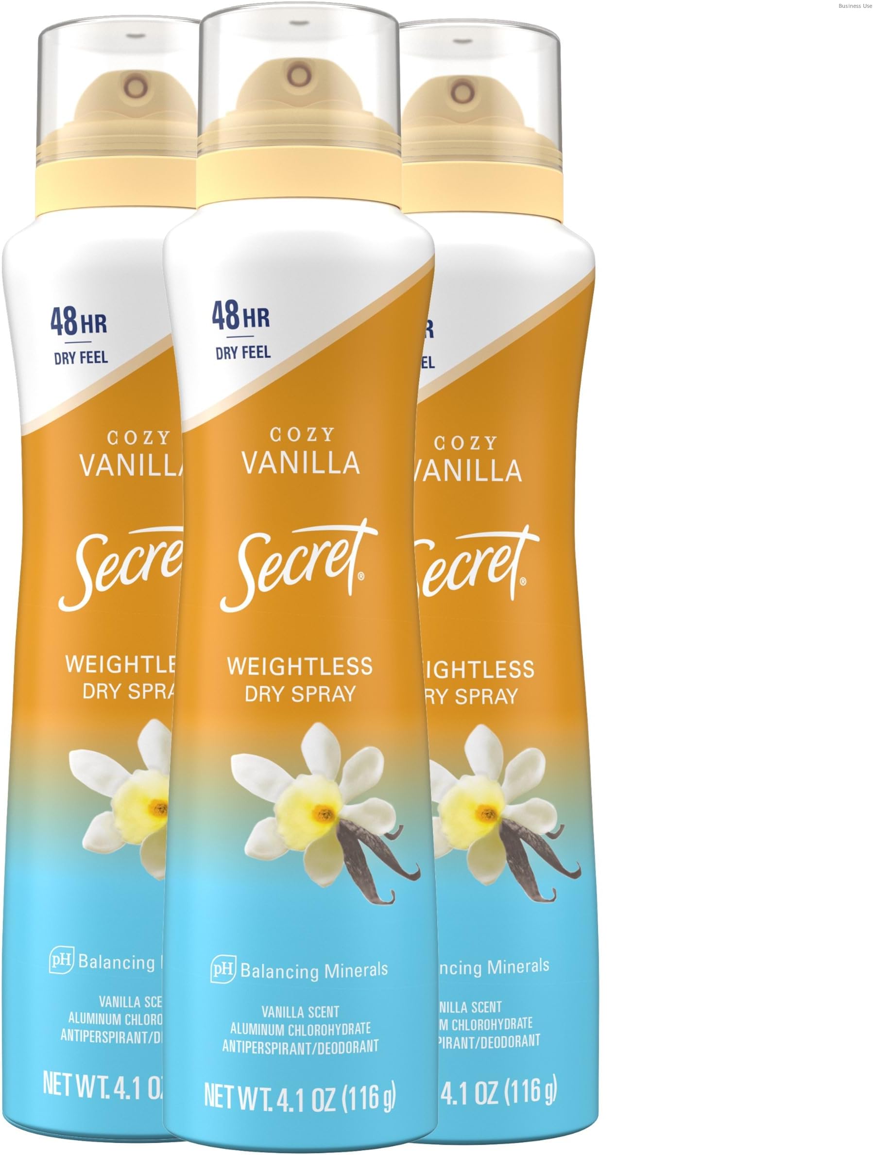 Secret Dry Spray Antiperspirant Deodorant for Women, 48hr Weightless Sweat & Odor Protection, Gentle on Skin, Cozy Vanilla Scent, 4.1 oz (Pack of 3)