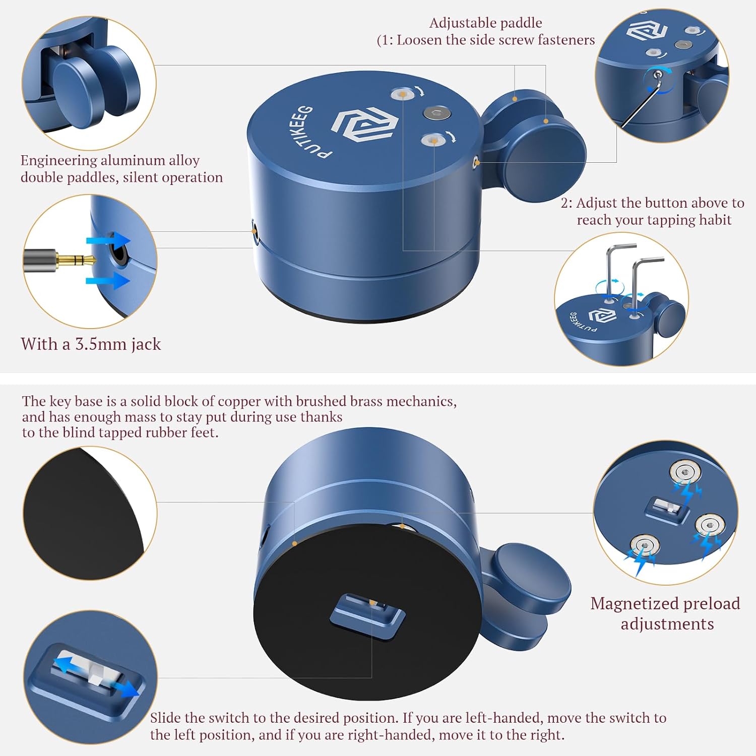 Detailed view of the Putikeeg Mini Morse Code Key MCT03 showing adjustment points and the 3.5mm jack. The image highlights how to loosen side fasteners for paddle adjustment and the location of the magnetic base.
