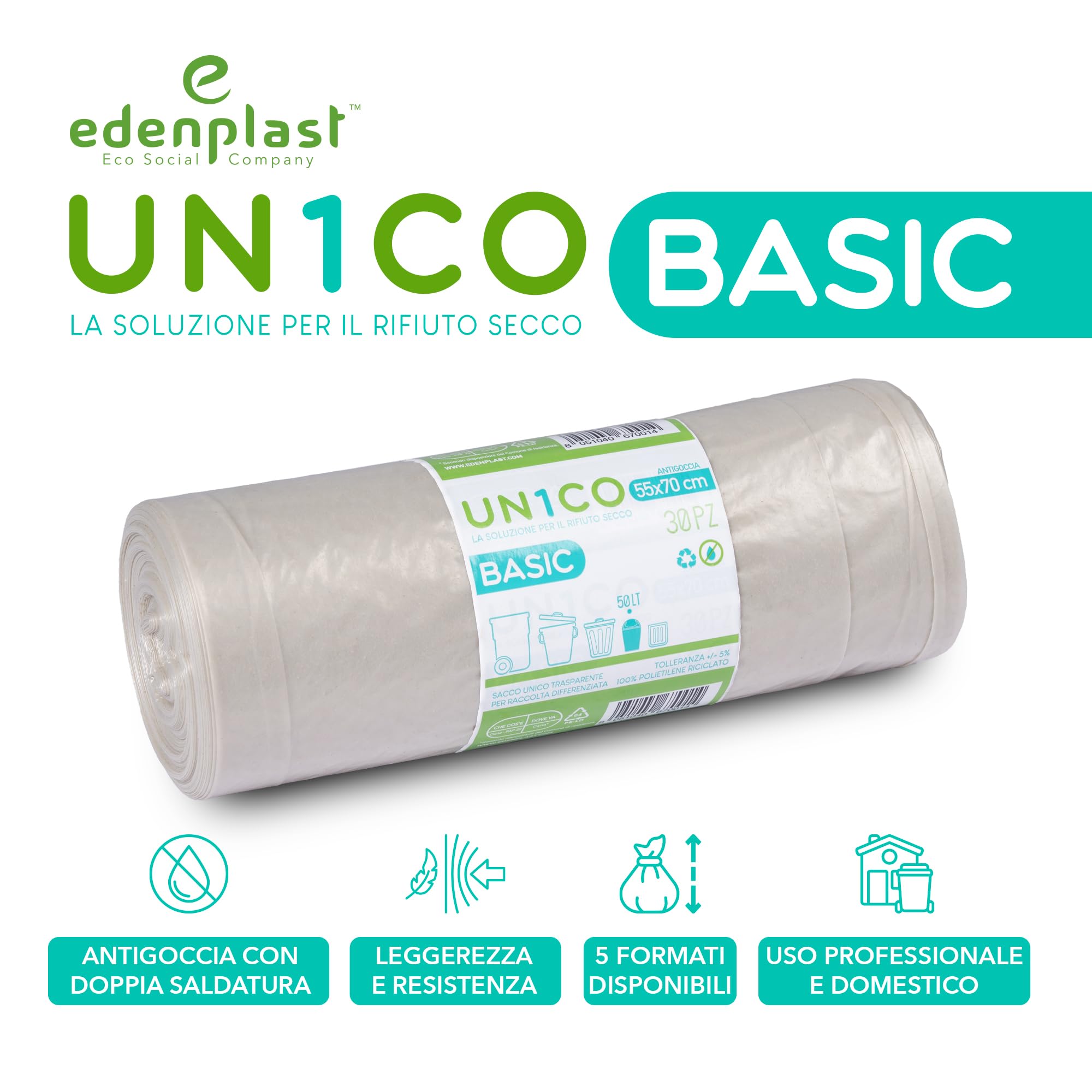 UN1CO BASIC Sacchi Spazzatura Trasparenti 50L - 55x70 cm - Sacchi Raccolta Differenziata Rifiuto Secco - Antigoccia - 100% Polietilene Riciclato - 16 Rotoli da 30 sacchi