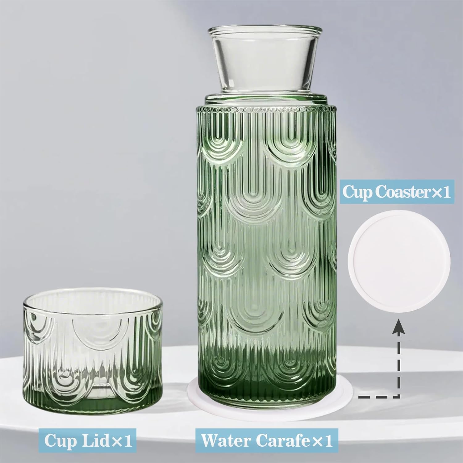 Bedside Water Carafe and Glass Set, 21.6 Oz Glass Carafe with 6 Oz Cup Lid for Nightstand or Bathroom, Green