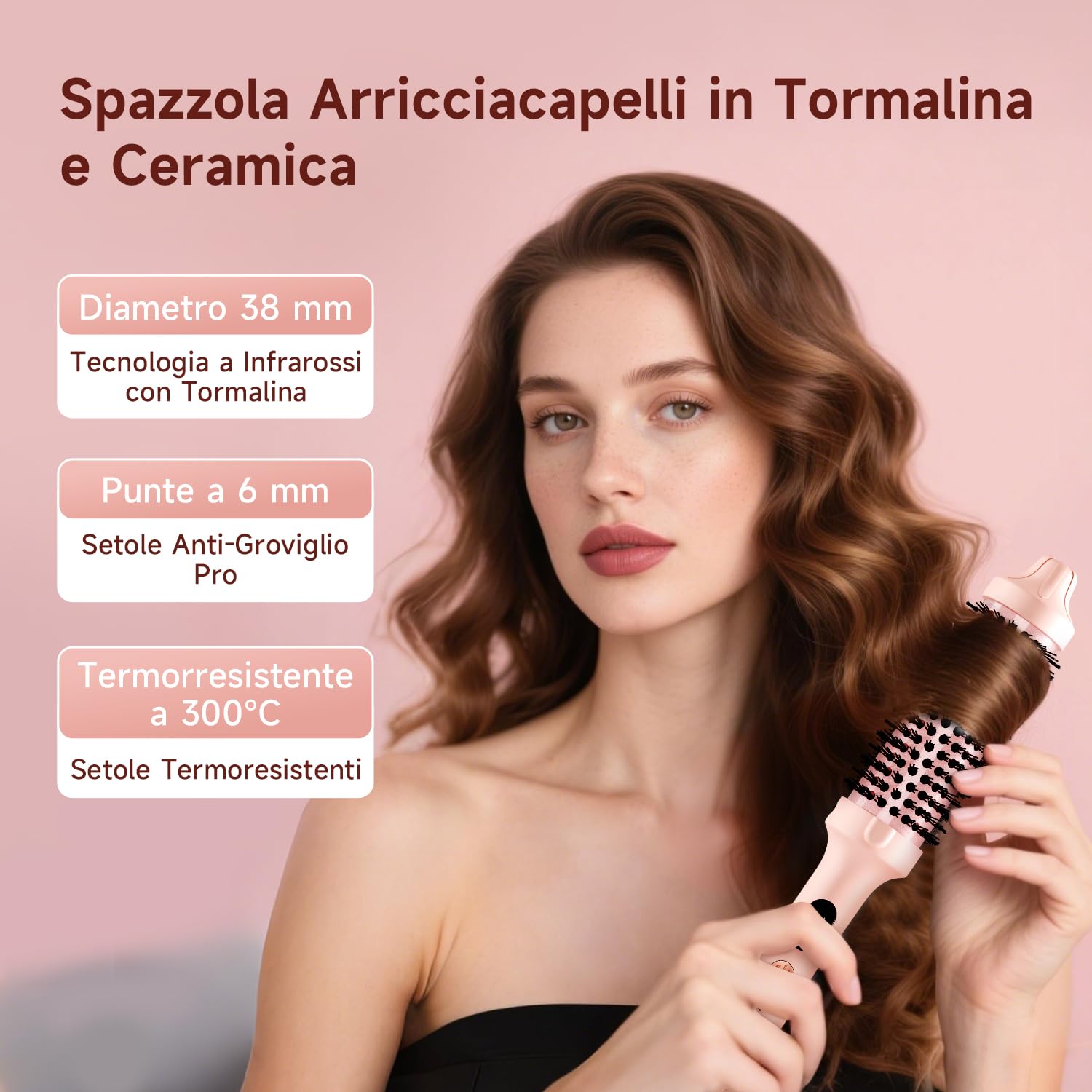 3 in 1 Ceramic Tourmaline Thermal Brush 38 mm Smoothing & Curls with 3 Temp Heating 30s Anti Scalding (Pink)