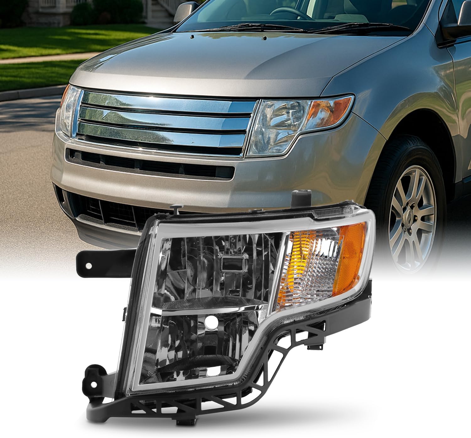AKKON - Fit 2007 2008 2009 2010 Ford Edge 07-10 Halogen Type Driver Left Side Headlight OE Style Chrome Housing Direct Replacement Headlamp