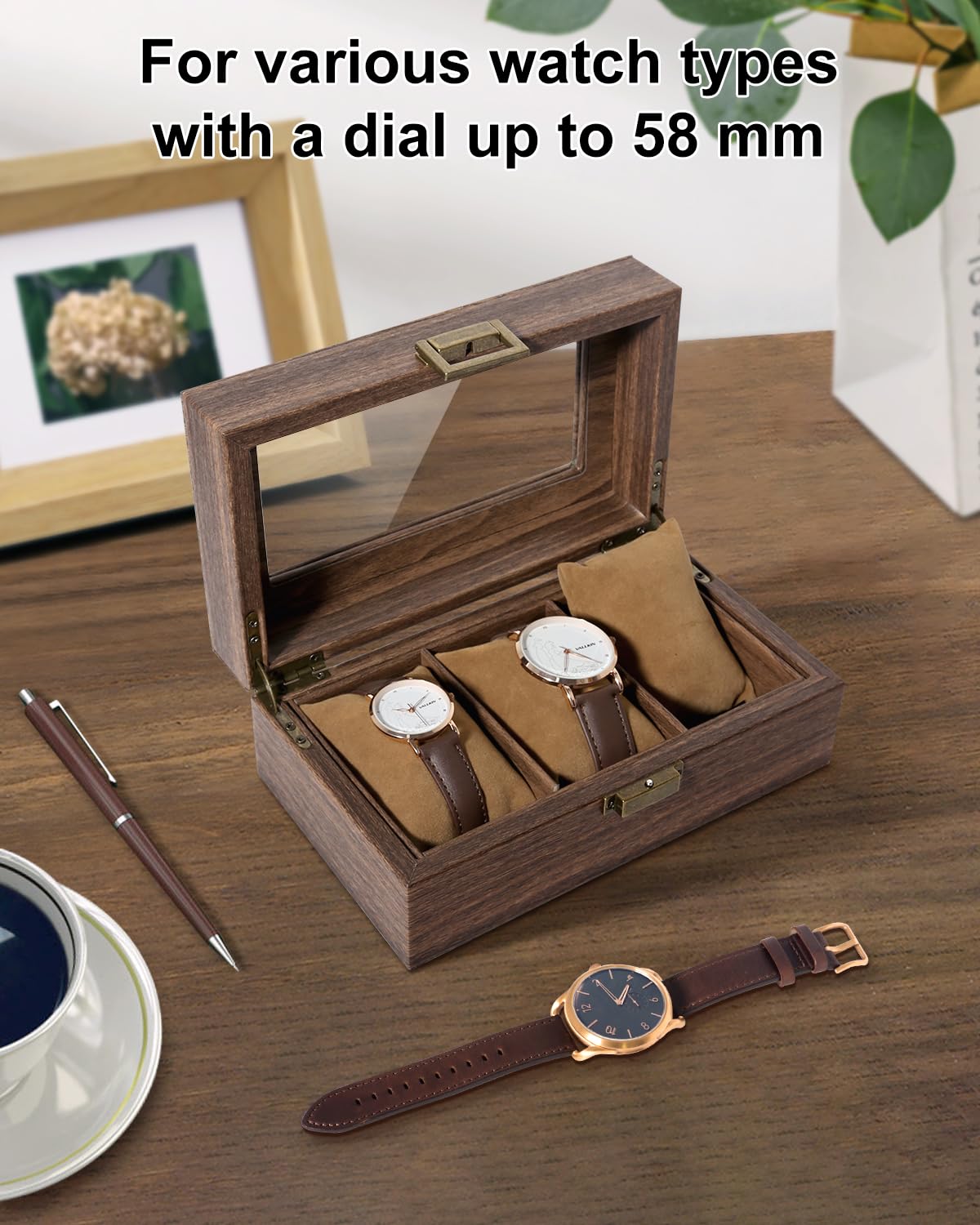 Uten Pudełko na zegarek z 3 przegródkami, etui na zegarek ze szklaną pokrywką, pudełko do przechowywania zegarków ze zdejmowanymi poduszkami do zegarków z imitacji zamszu, metalowe zapięcie, pomysł na