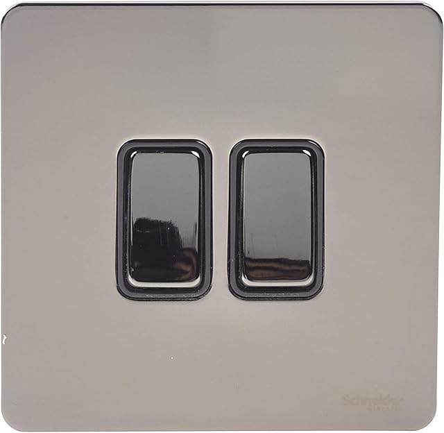 Schneider Electric Ultimate Screwless Flat Plate - Double Rocker 2 Way Light Switch, Single Pole, 16AX, GU1422BBN, Black Nickel with Black Insert
