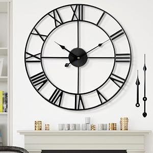 Large Nearly Silent Non-Ticking Wall Clock 60 cm，Battery Operated Metal Vintage-Style Round Wall Clock, Black Roman Numerals, Wall Decor Living Room, Farmhouse, Kitchen Room Decor