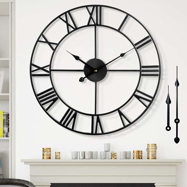 Large Nearly Silent Non-Ticking Wall Clock 60 cm,Battery Operated Metal Vintage-Style Round Wall Clock, Black Roman Numerals, Wall Decor Living Room, Farmhouse, Kitchen Room Decor