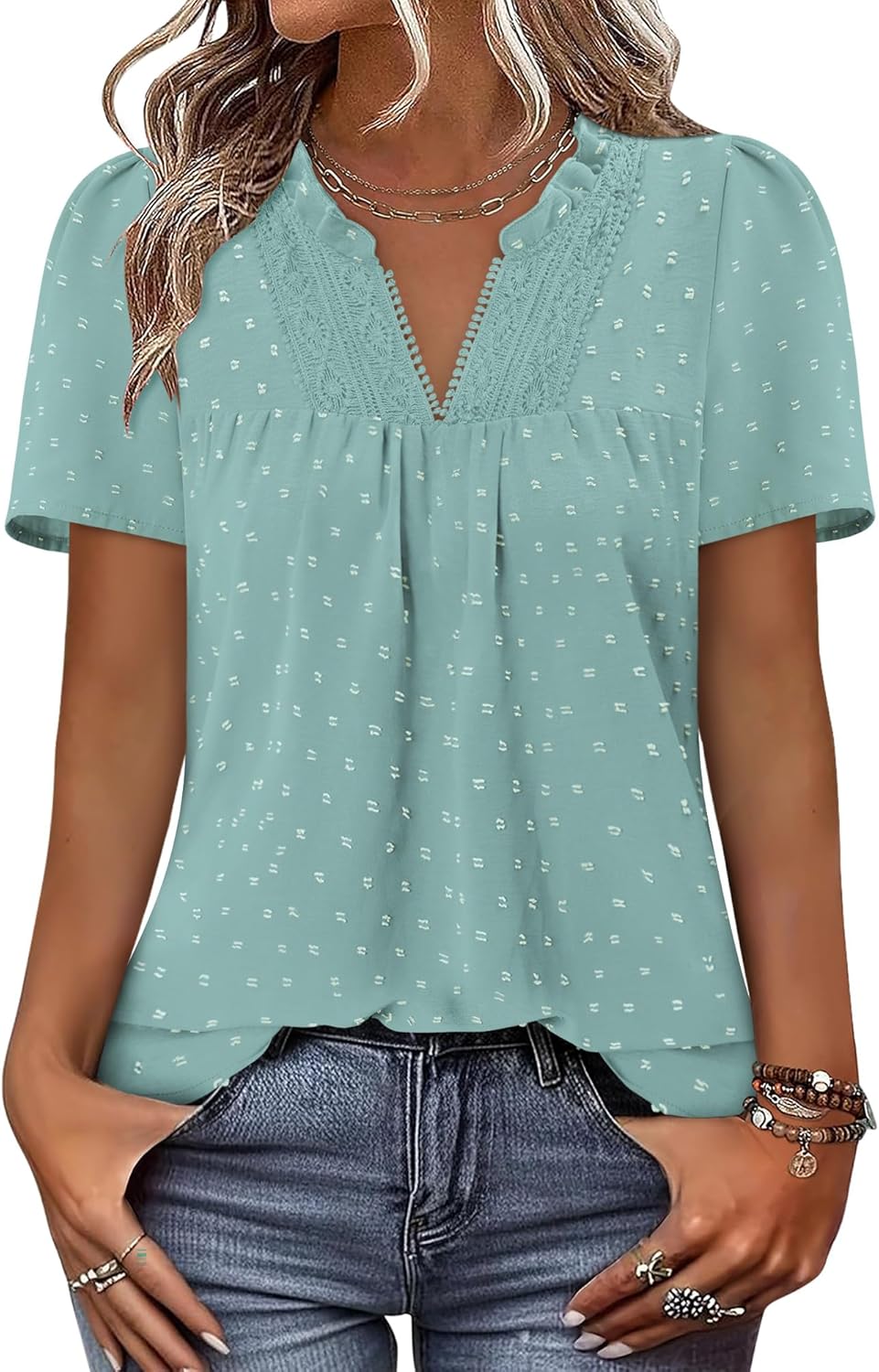 BETTE BOUTIK Womens Dressy Casual Tops Summer Short Sleeve Boho Flowy Shirts Swiss Dot V Neck Blouses