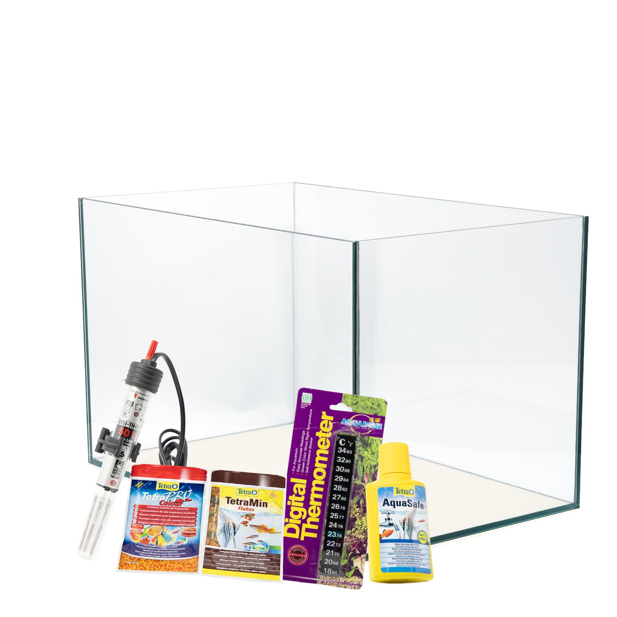 Aquarium Set 60x30x30 cm Weiß, 54 Liter Glasbecken ohne Abdeckung | Starterset inkl. Heizer, Thermometer, Futter & Wasseraufbereiter, Floatglas mit Diamantschliff für Süß- & Meerwasser