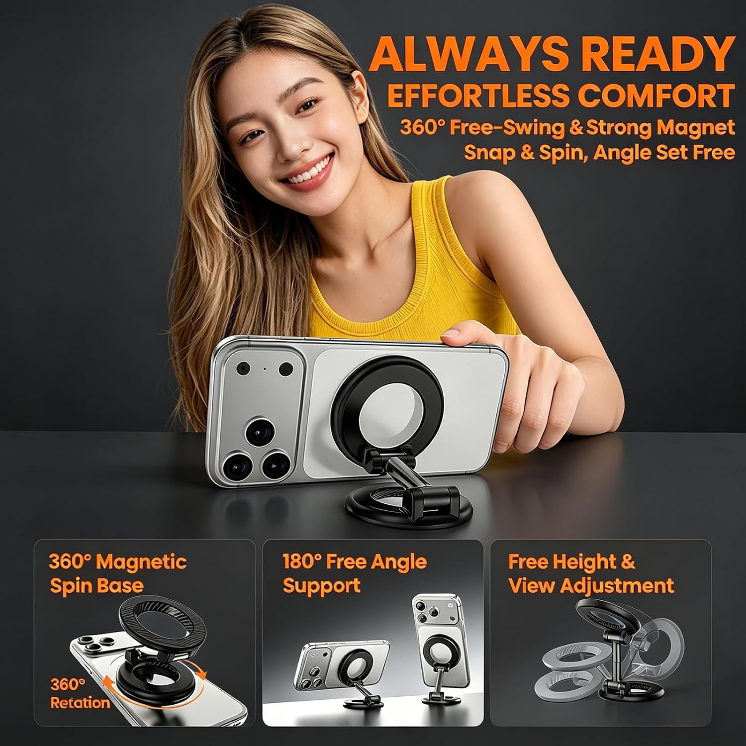 PKYAA Magnetic Ring Phone Holder [Dual-Sided Magnetic] [Super Magnet] [Carbon Fiber] 2026 Upgraded Foldable Double Magnet Phone Mount for Magsafe, 360° Rotation Car/Gym/Desk Phone Stand