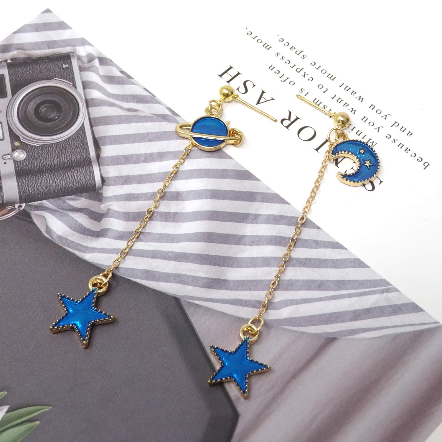 Honbay Asymmetrical Moon Star Earrings - Gold & Blue Enamel Dangle Pendant Earrings