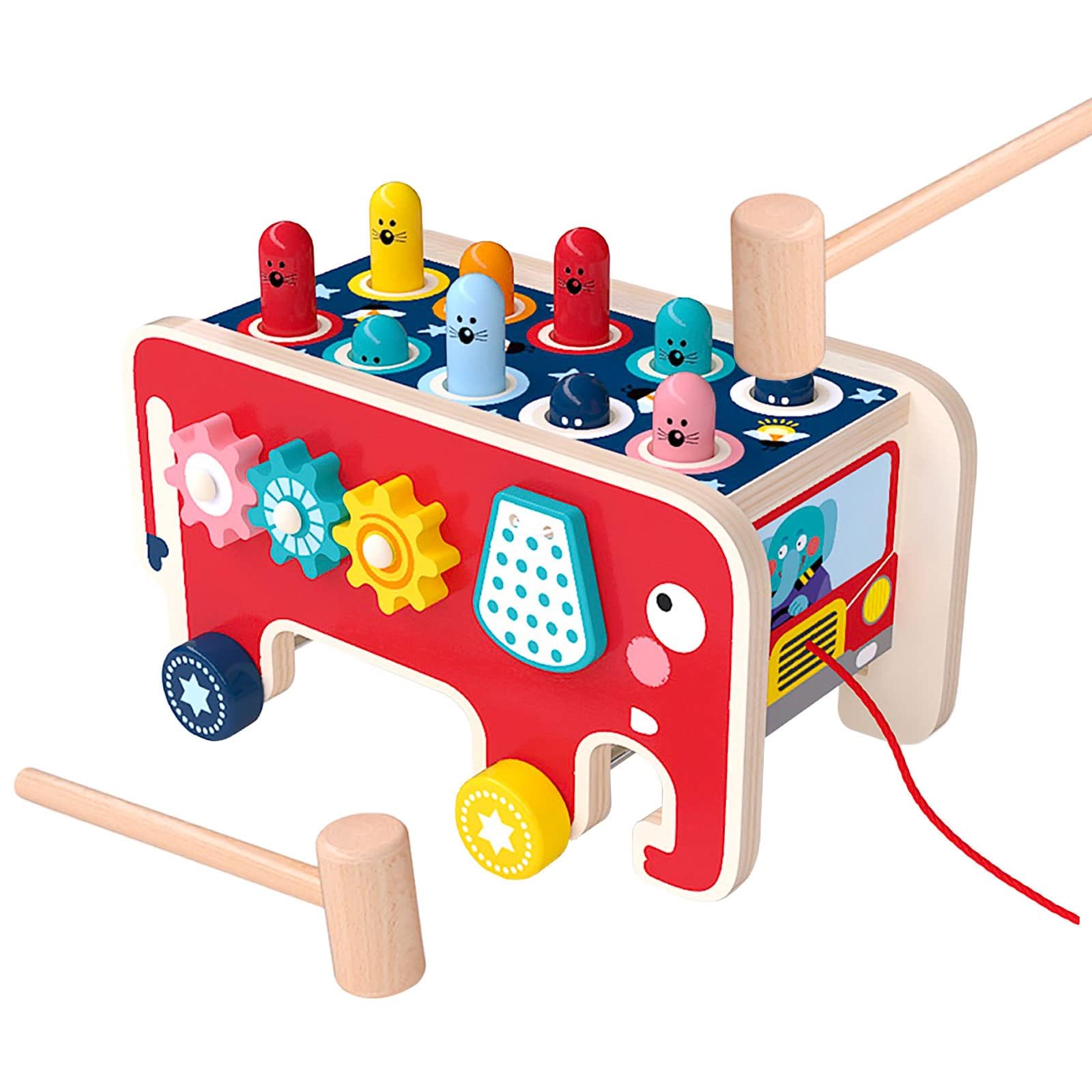 NUKied Wooden Hammer Toys Multifunctional Pounding Bench Tap Bench Hit Mole Hamster Game Early Educational Montessori Toys Wooden Toy Gift for Kids Toddlers Boys Girls