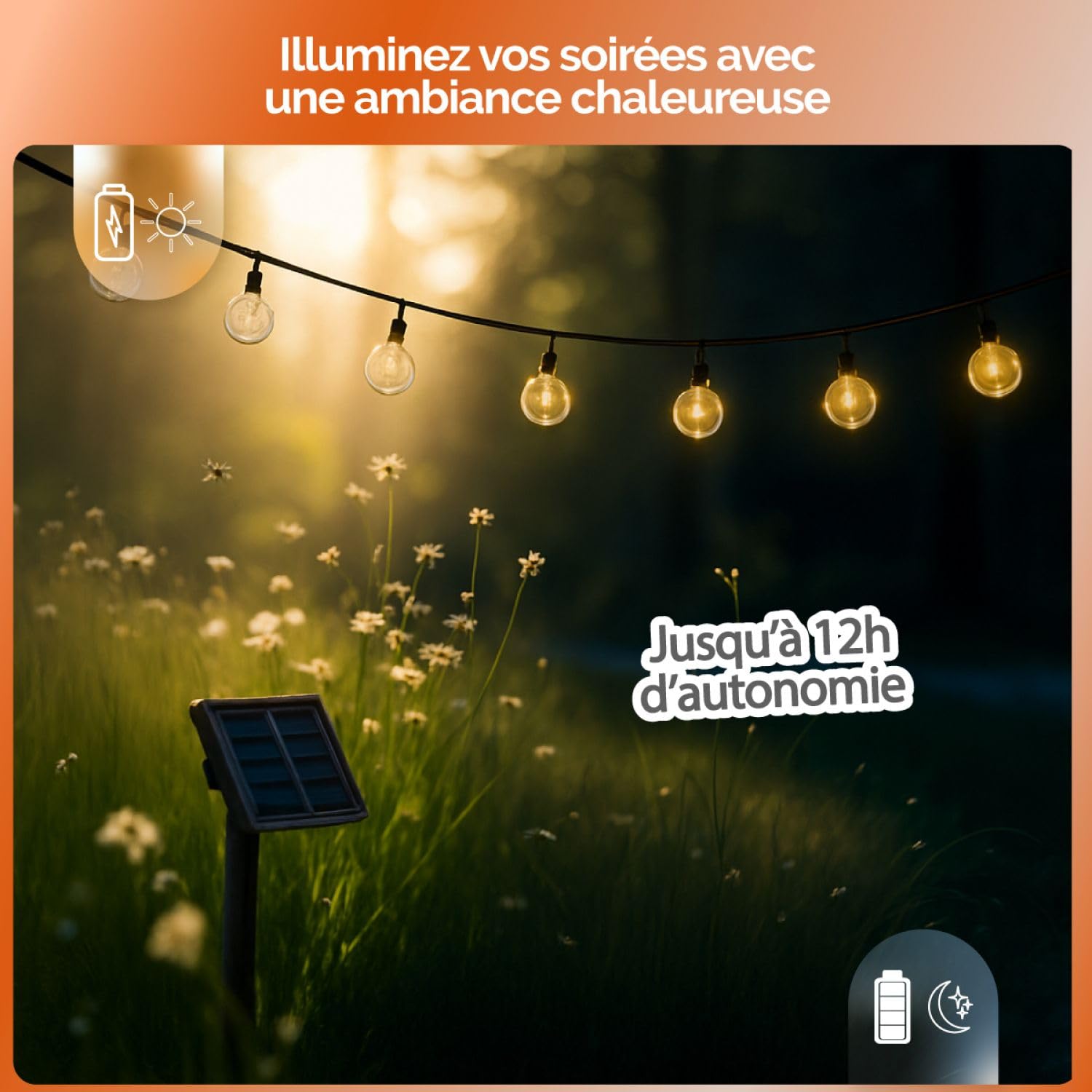 Linxor - Lote de 4 guirnaldas solares exteriores luminosas para jardín o terraza - Bombillas LED grandes Ø 2,2 cm, 8 modos - 17 m - Blanco cálido