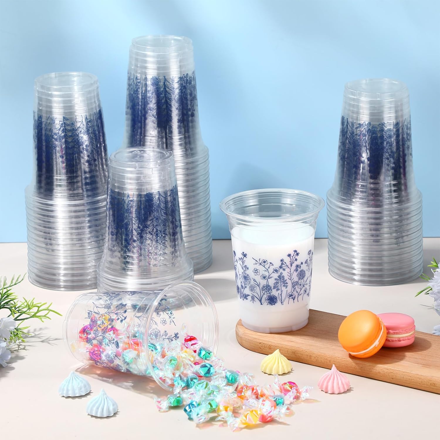 Hushee 60 Pcs Blue Floral Cups with Spring Summer Flower 16 oz Wildflowers Plastic Disposable Drinking Cups for Summer Spring Birthday Baby Shower Wedding Party Supplies - Image 6