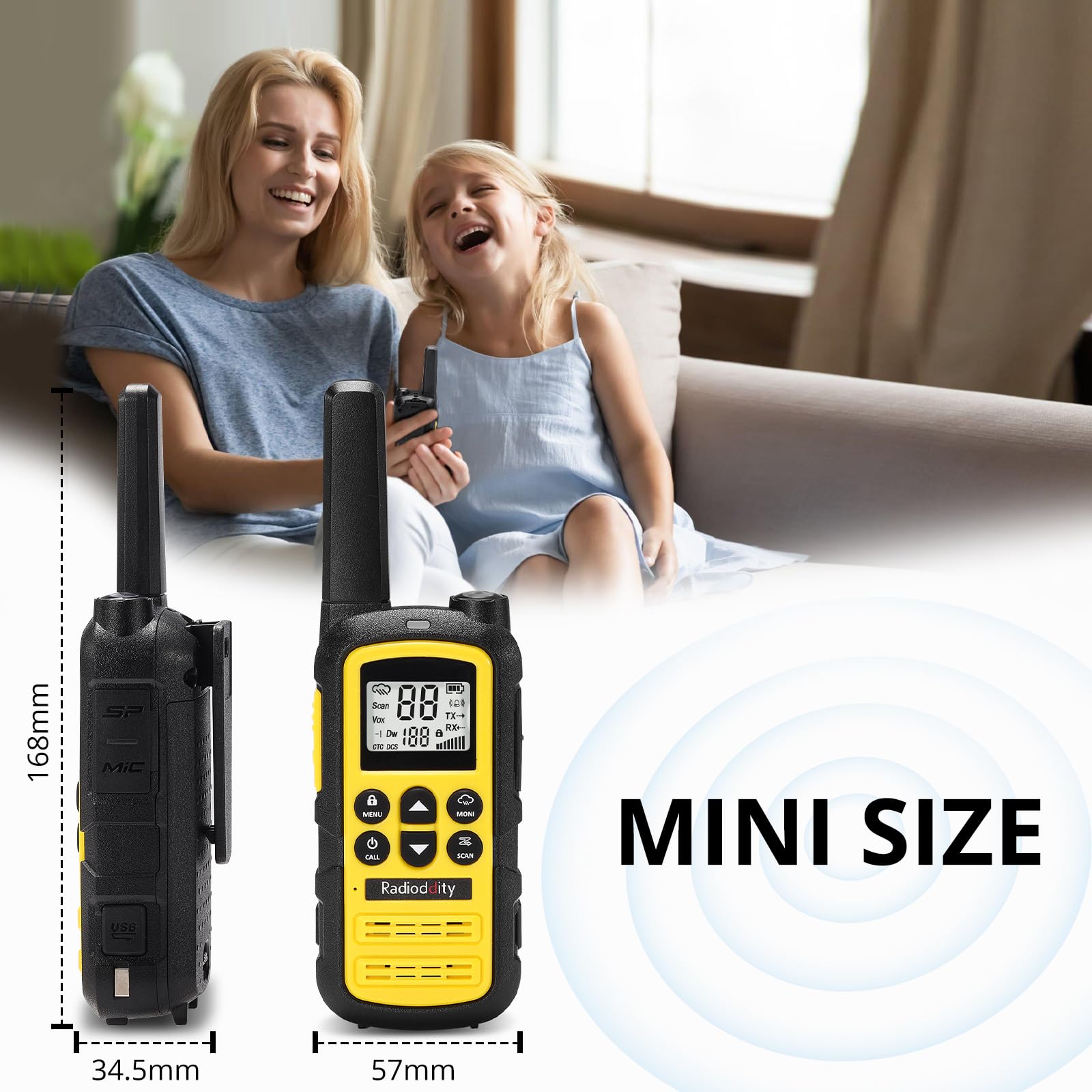 Radioddity PR-T6 Walkie Talkie Niños PMR446 Walkie Talkie Recargable de Largo Alcance con 16 Canales, VOX, Carga USB-C, Linterna, Auricular para Acampar Senderismo, Paquete de 2, Amarillo