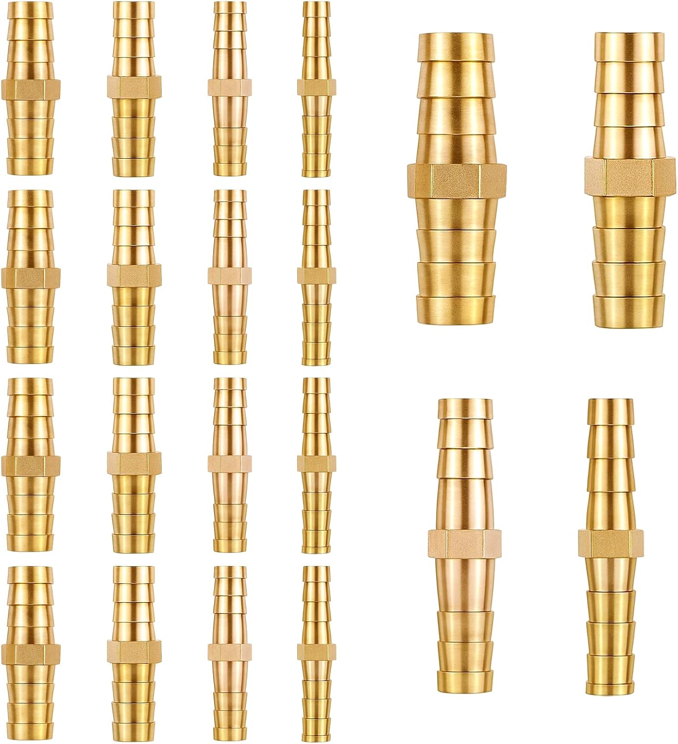 20PCS Brass Hose Barb Fitting, 1/4" 5/16" 3/8" 1/2" (6mm/8mm/10mm/12mm) Hose Mender, Hose Barb Splicer Mender for Air Fuel Water Oil Hose