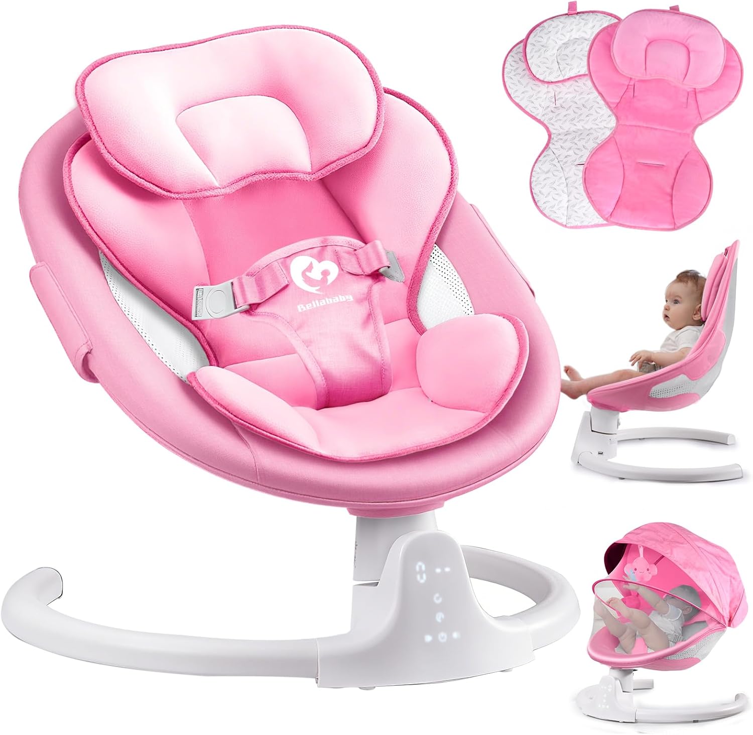 Bluetooth Baby Swing for Infants, Compact & Portable Pink Baby Girl Swing, 3 Seat Positions, 5 Swing Speed, 10 Music, Remote Control, Plug-in Power, Reversible Cushion, mecedora eléctrica para Bebe