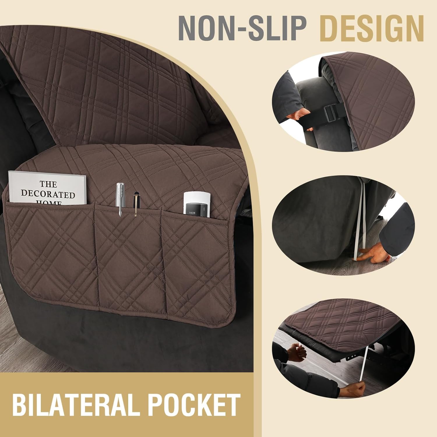 H.VERSAILTEX 100% Waterproof Oversized Recliner Cover 1-Piece Reversible Recliner Covers for Large Recliner with Elastic Straps Sitting Width Up to 28" (Oversized Recliner, Brown/Beige)