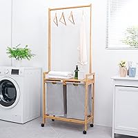 Vista 7 de Homde Laundry Basket,Bamboo Laundry Sorter Cart Rolling with Clothes Hanging Rod, 2 Section Laundry Hamper with Wheels, Removable Sliding Bags