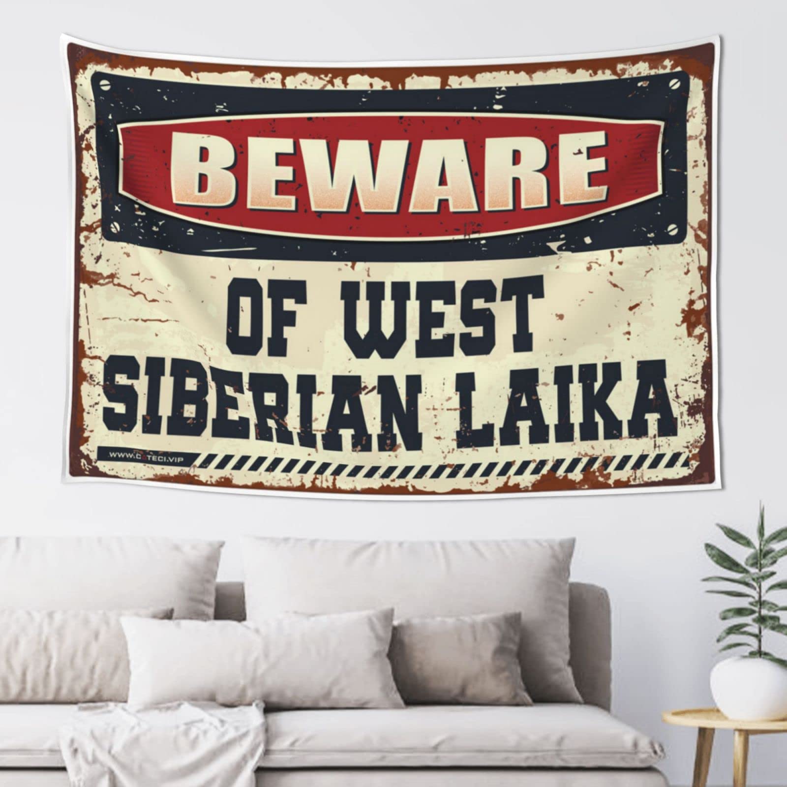PRAVOXI Funny Decor For Bar Beware Of West Siberian Laika Tapestry Man Cave Decorations Funny Patio Decor(75X100CM)