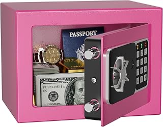 Digitaler Safe 6,8 l, kleiner Tresor für Zuhause, elektronische Sicherheitskassette, Wandtresor fürs Homeoffice mit 2 Schlüsseln, Mini-Safe 23 x 17 x 17 cm, rosa