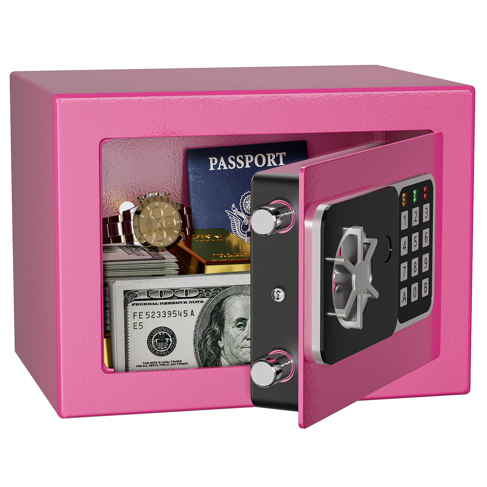 KABISAFE Digitaler Safe 6,8 l, kleiner Tresor für Zuhause, elektronische Sicherheitskassette, Wandtresor fürs Homeoffice mit 2 Schlüsseln, Mini-Safe 23 x 17 x 17 cm, rosa