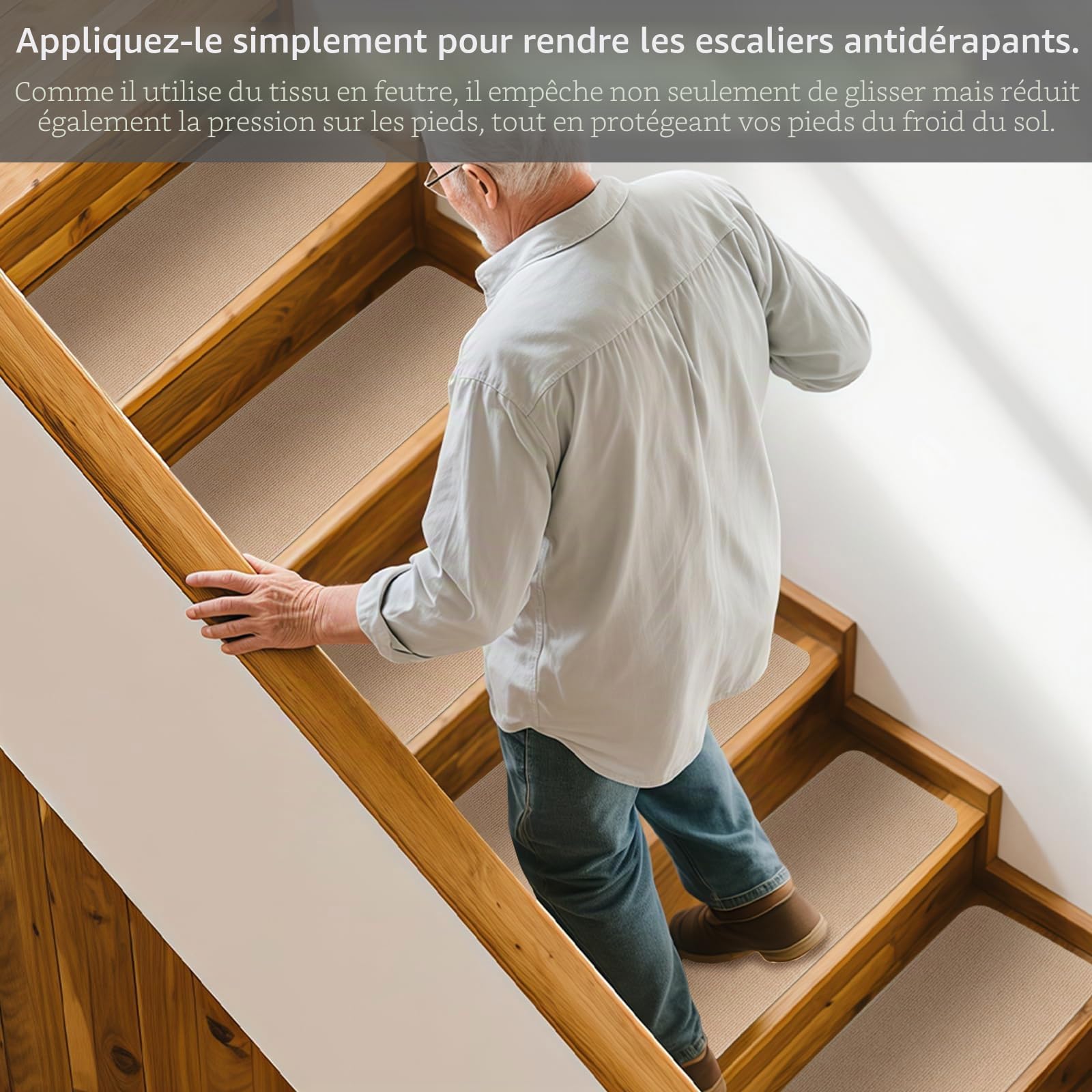 Lot de 15 tapis d'escalier autocollants pour escalier en bois massif, carrelage, marbre, antidérapant, insonorisant, rectangulaire, 70 x 22 cm, beige