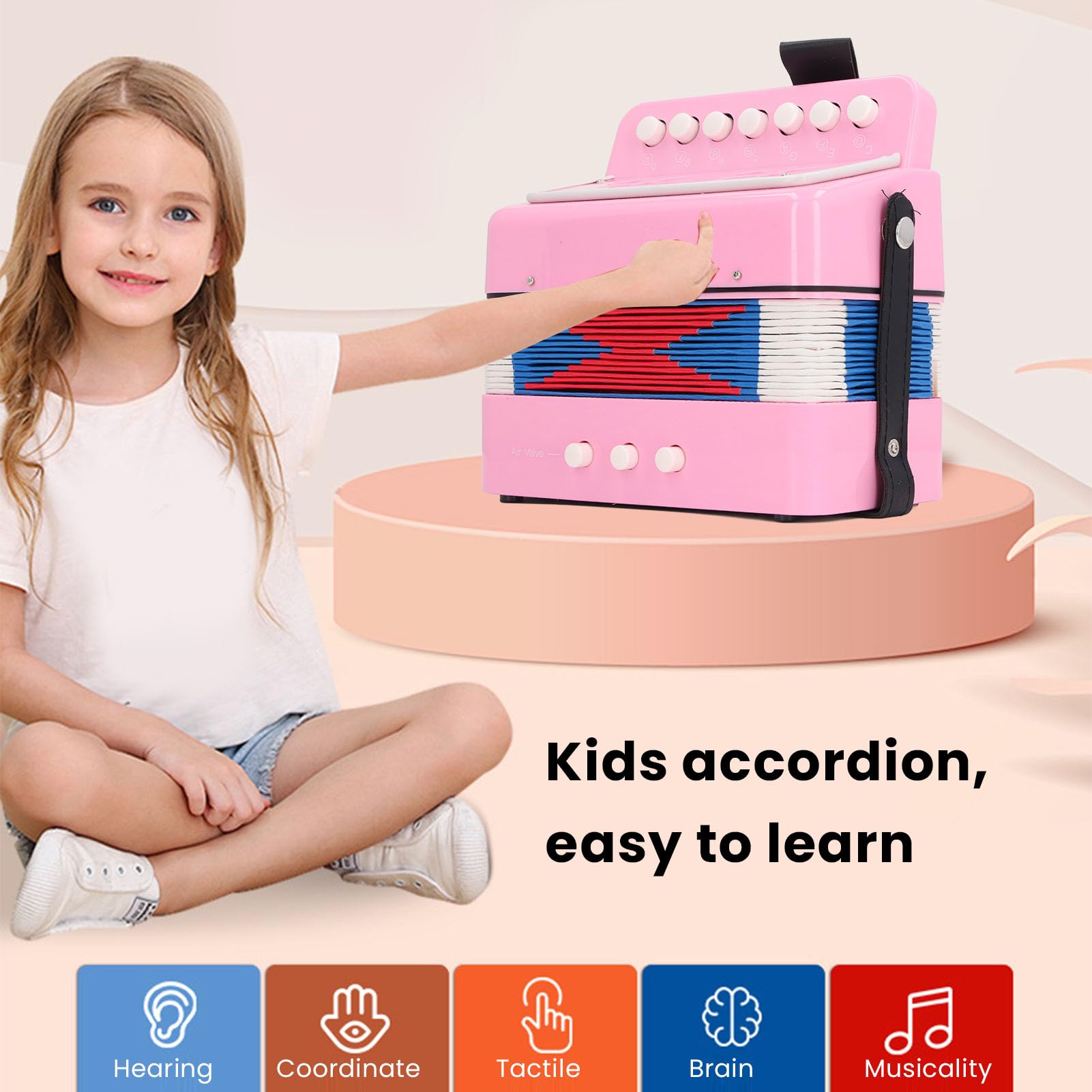 Fisarmonica a Pulsanti 7 Tasti, Rosa, per Principianti e Bambini, Portatile e Facile da Imparare