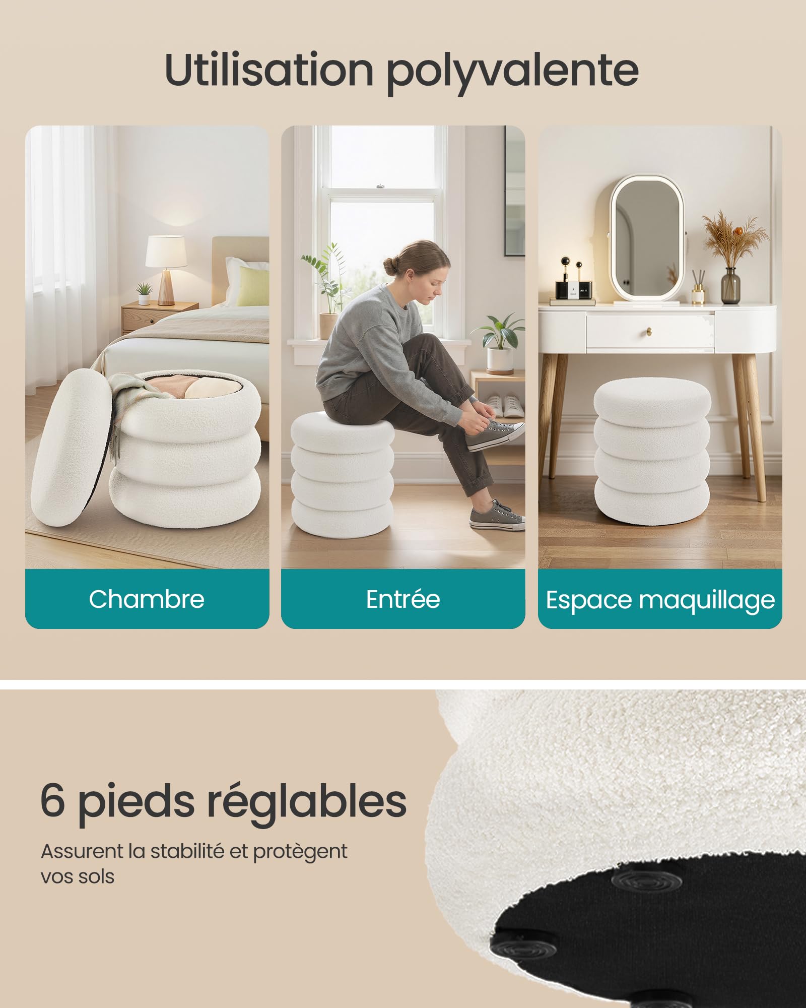SONGMICS Tabouret de Coiffeuse, Pouf Rond avec Rangement, Repose-Pieds Rembourré, Couvercle Amovible, pour Salon, Chambre, Entrée, Montage Facile, 43 x 47 cm, Tissu Peluche Teddy, Blanc LOM015WD01