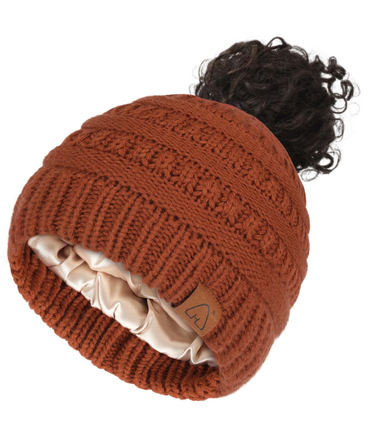 Hat HutSatin Lined Beanie Hat for Women Silk Lined Winter Hat for Curly Hair Ponytail Beanie Messy Bun Knit Skull Cap