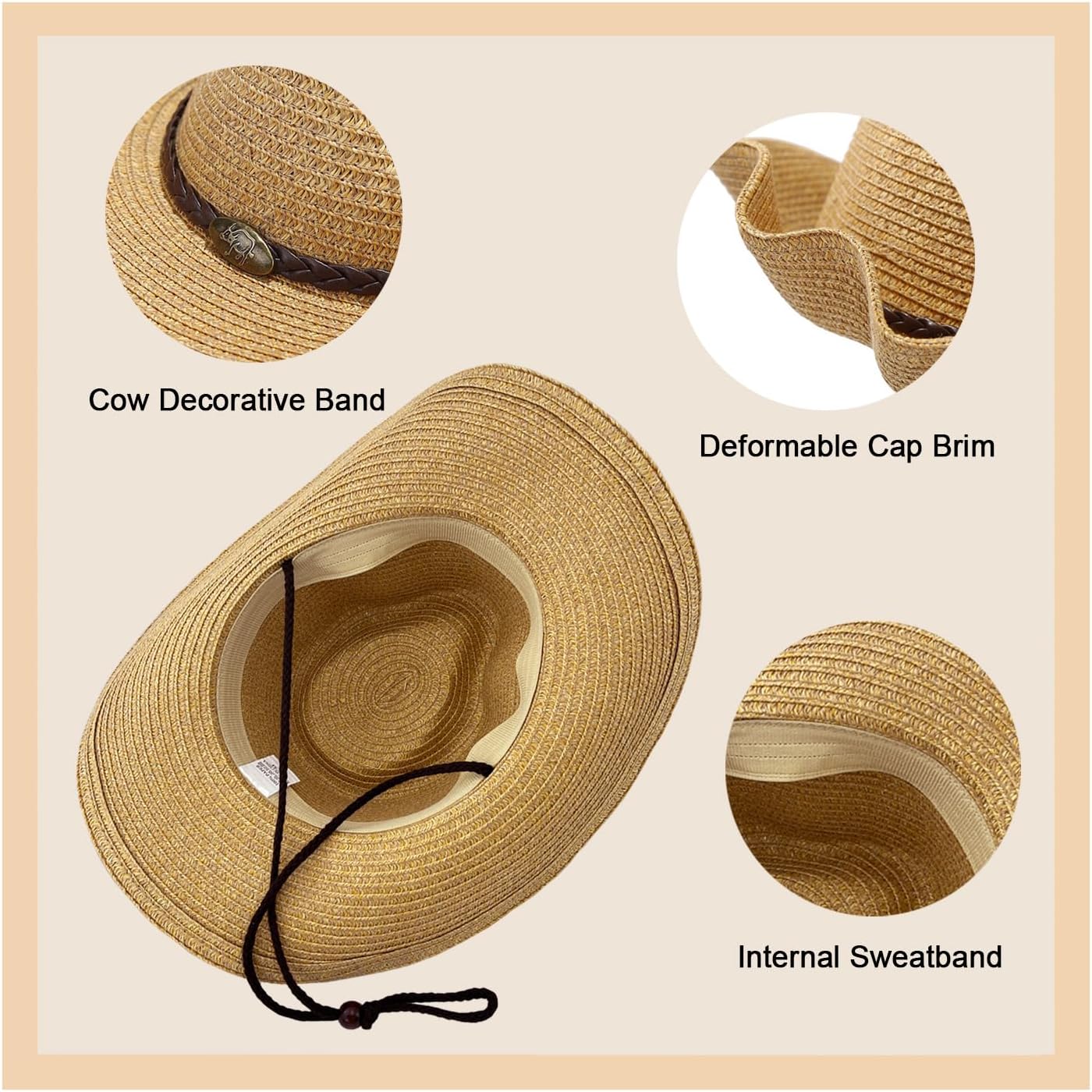 Straw Cowboy Hats Straw Cowgirl Hat Wide Shapeable Wide Brim Foldable Vacation Beach Sun Hat with Chin Strap - Image 3