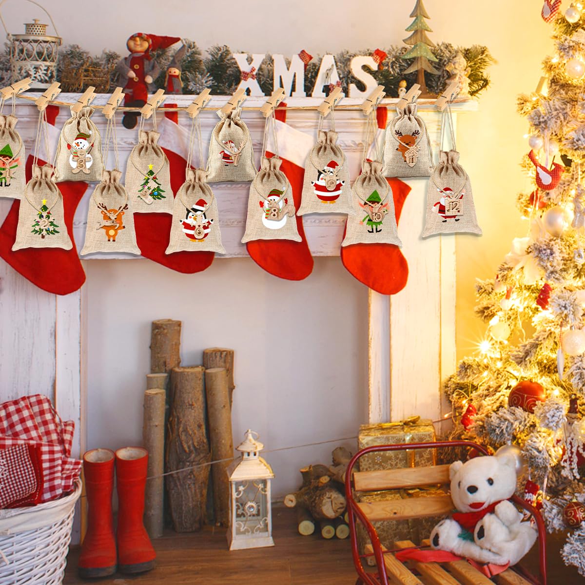 Decorazione Natale Personalizzata Calendario Dell'Avvento Fai Da Te - 24 Sacchetti Natalizi Con Numeri E Clip In Legno Per Regali Decorazione Natale Iuta - 5