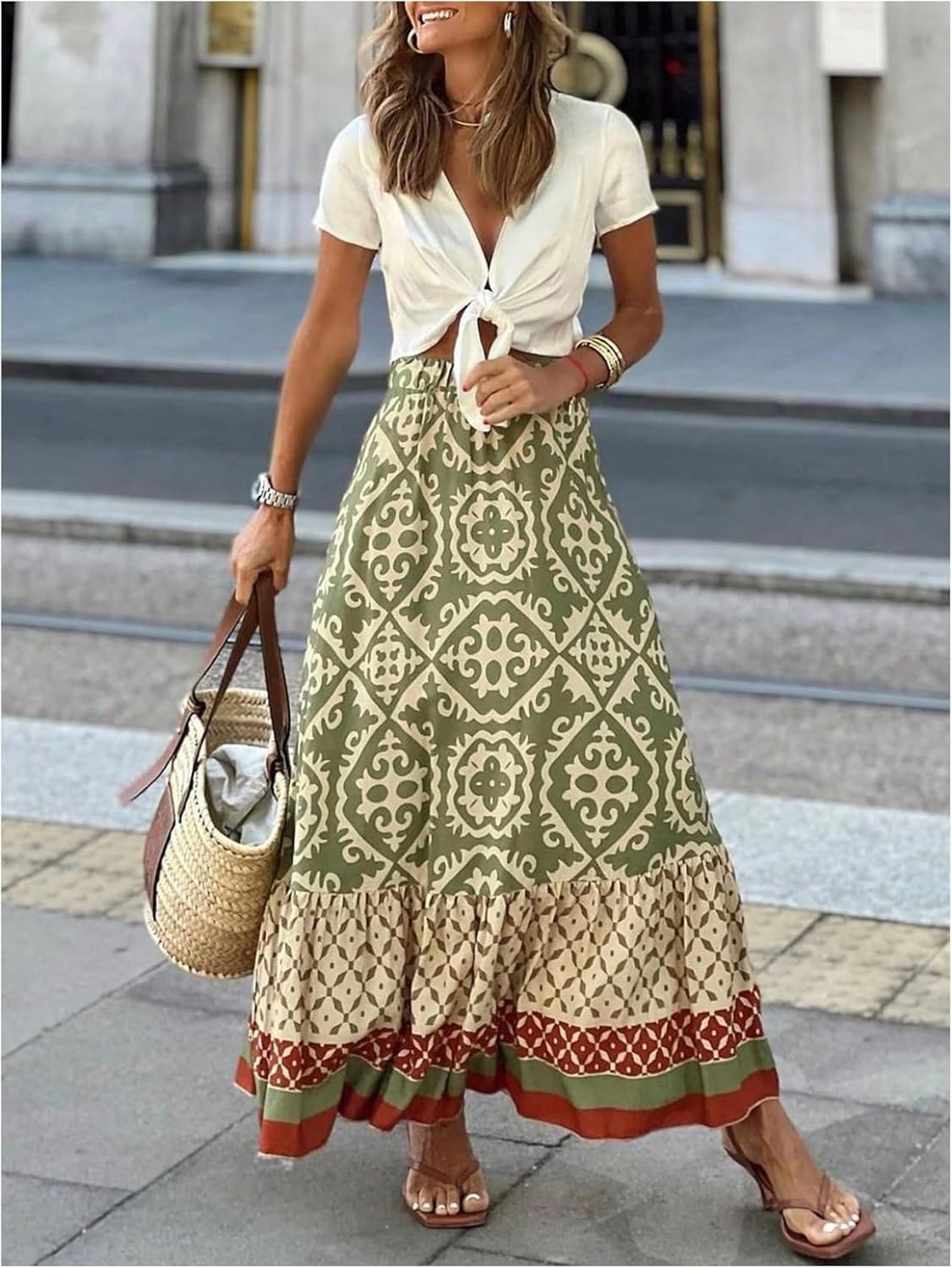 GORGLITTER Women's Boho Western Ruffle Flowy Maxi Skirt Trendy Summer Graphic Elastic High Waisted Beach Long Skirts