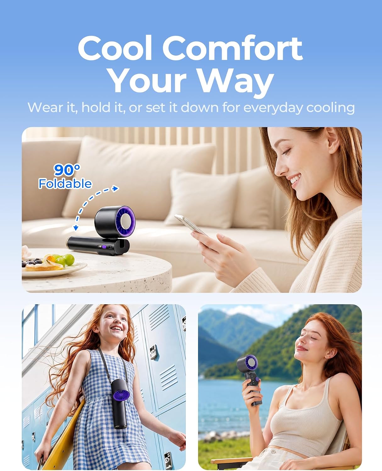 Portable Handheld Turbo Fan with Cooling Plate, 1-199 Speeds Rechargeable Personal Fan, 4000mAh USB-C Neck & Desk Fan with LED Display, 15000 RPM Motor for Travel, Office, Camping（Grey Purple）