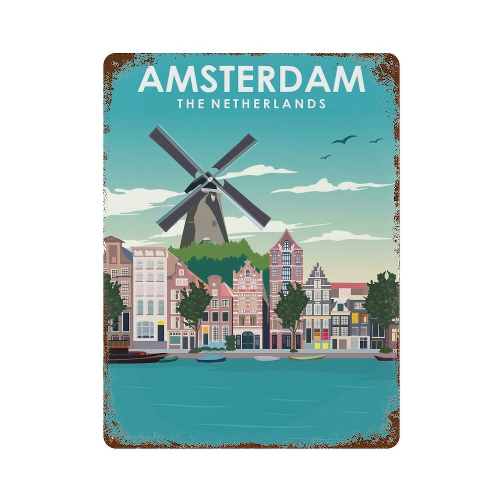 Garage Style Amsterdam Windmill Travel Decorative Tin Sign 15.7"x11.8", Rustic Home Decor for Bar And Workshop