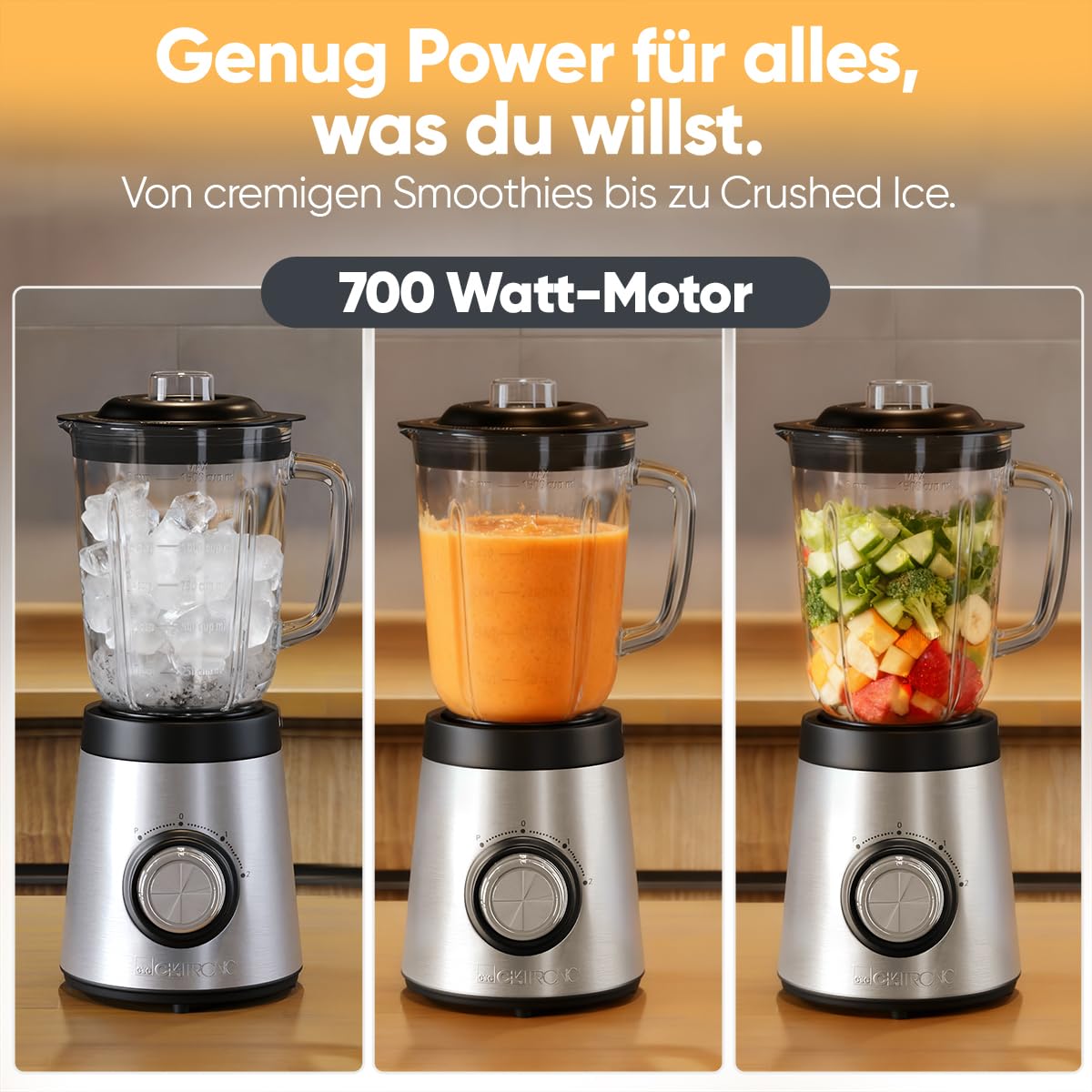 Mikser stojący Clatronic 700 W | Blender | Bez BPA | Solidne szkło | Poczwórne ostrza ze stali nierdzewnej | Urządzenie do robienia koktajli o pojemności 1,5 l | Funkcja kruszenia lodu