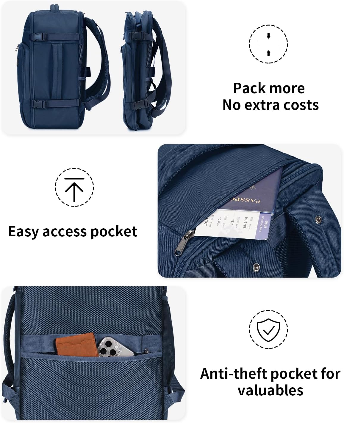 ECOHUB Travel Backpack for Men, 18x14x8 Spirit Airlines Personal Item Bag with Clear Toiletry Bag, Laptop Carry on Backpack with USB Port, Airline Approved Under Seat 14 Pockets 30L, Blue - Image 8