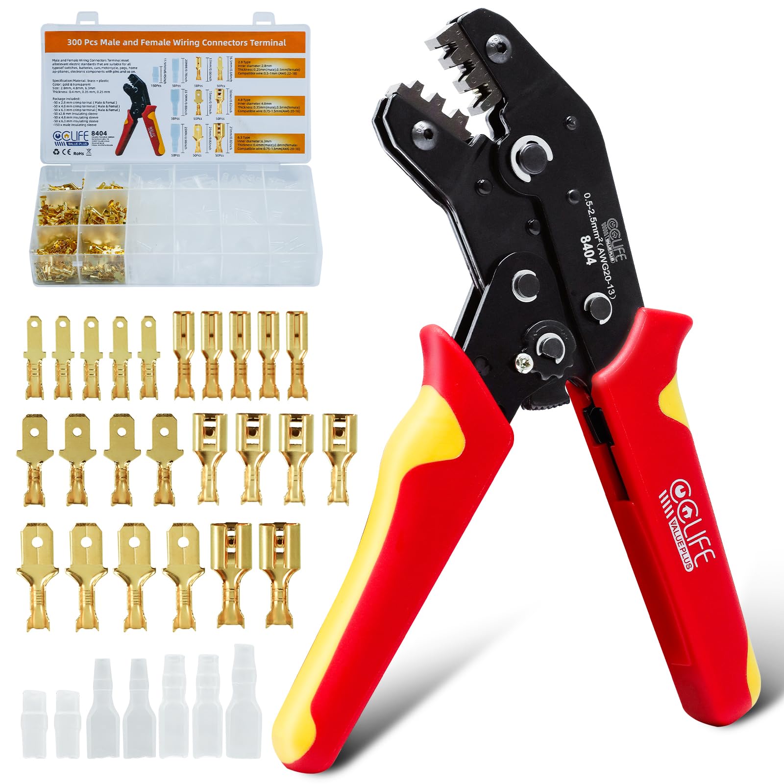 CCLIFE Crimpadora para Terminales Planos Kit 0,5-2,5 mm² AWG 20-13 300 Conectores