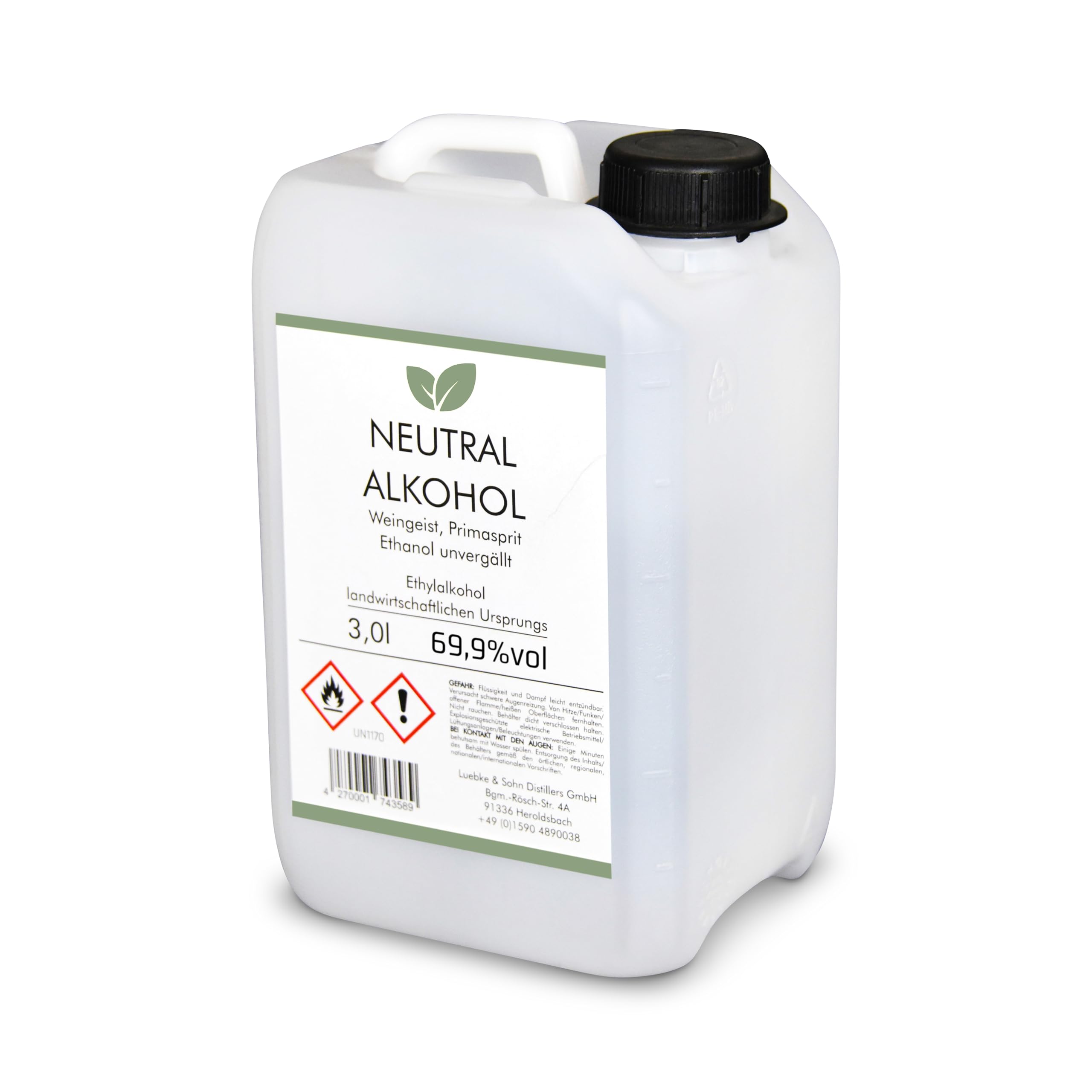 3l Weingeist Primasprit Trinkalkohol 69,9% vol - zum Ansetzen von Likören, Gin oder Tinkturen - 3l Kanister