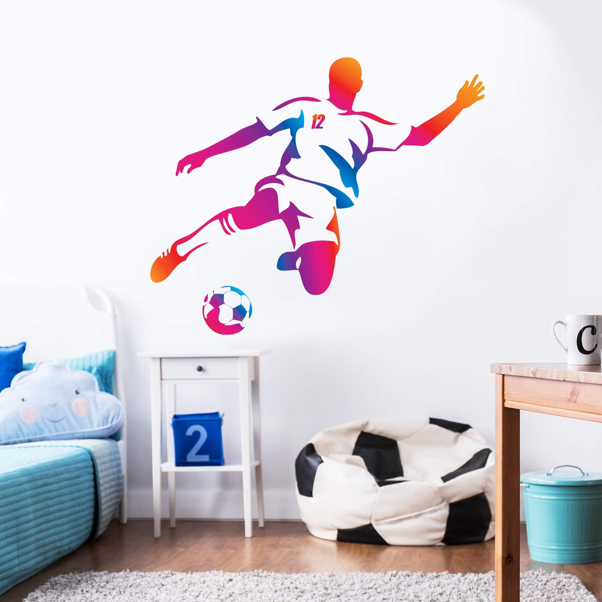 Football Player Kick Wall Sticker Decal Art Kids Bedroom Gift Mural Soccer (60cm Width x 30cm Height)