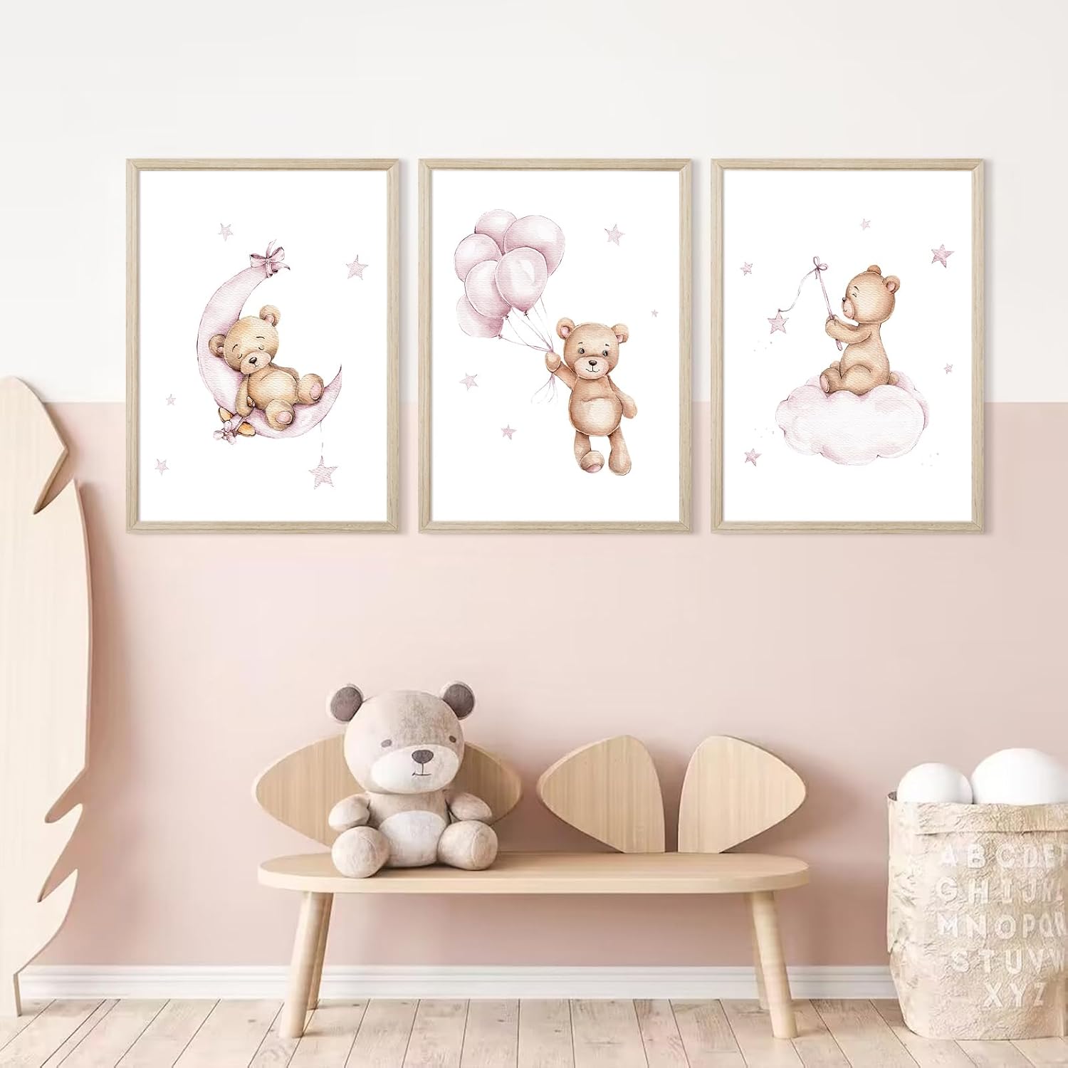 Bear Nursery Wall Art Decor Teddy Bear Wall Art Baby Girl Canvas Wall Decor Pink Pictures Balloon Nursery Children Prints Artwork Moon Star Cloud Art for Boys Room Bedroom 12x16x3 Inch Wood Framed