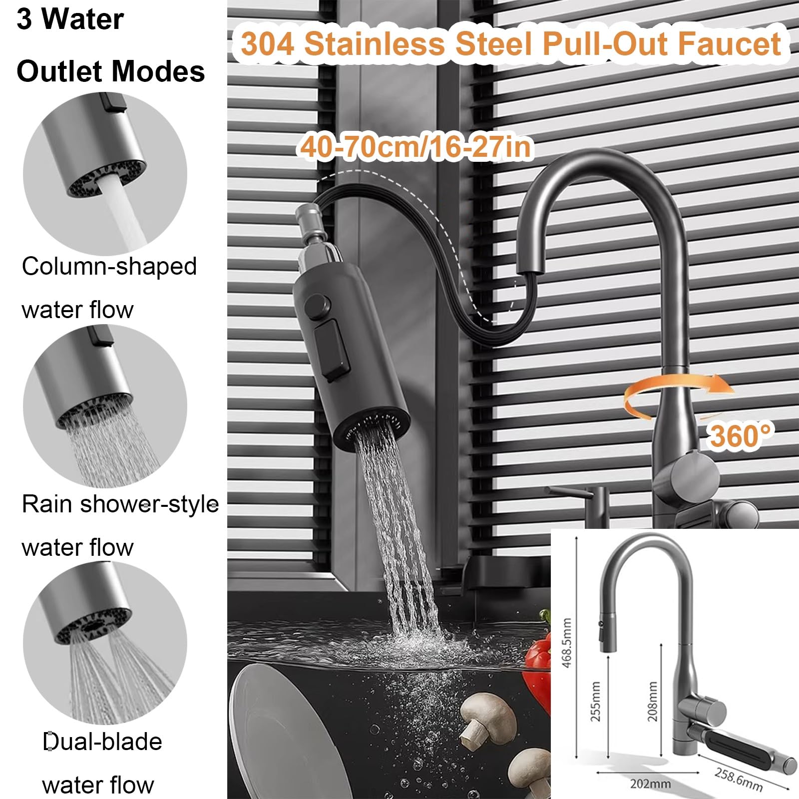 Fregadero Cocina Esquina, Fregaderos de Cocina de Acero Inoxidable 304, con Grifo Extraíble y Kit Desagüe, Apto para Hogares, Restaurantes y Bares(Silver,60x60cm/23.6x23.6in)