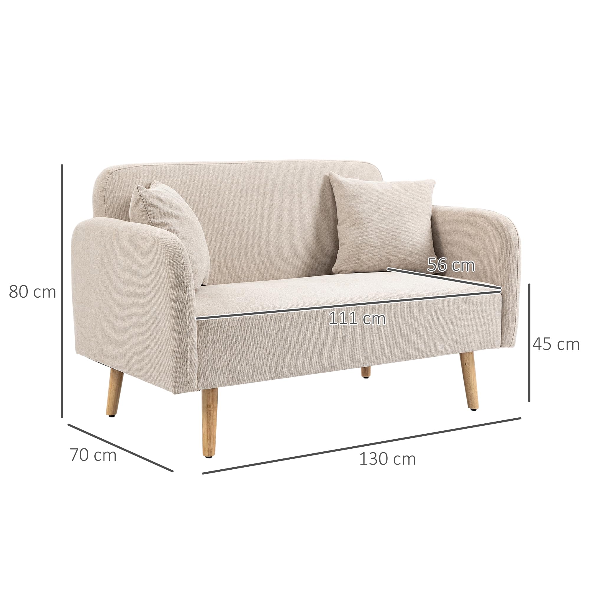 HOMCOM Sofa 2 Sitzer Couch mit 2 Wurfkissen Samtopik Creme 130 x 70 x 80 cm | Kleine Loveseat, Modern Polstersofa, Wohnzimmer, Schlafzimmer, Kleinen Raum