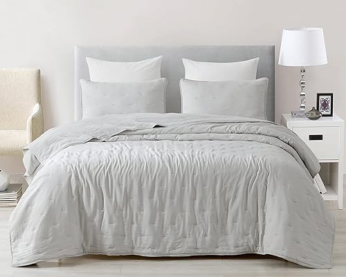 Chezmoi Collection Marie - Juego de edredón bordado de línea de 3 piezas, juego de edredón ligero de microfibra lavada suave (King, gris claro)