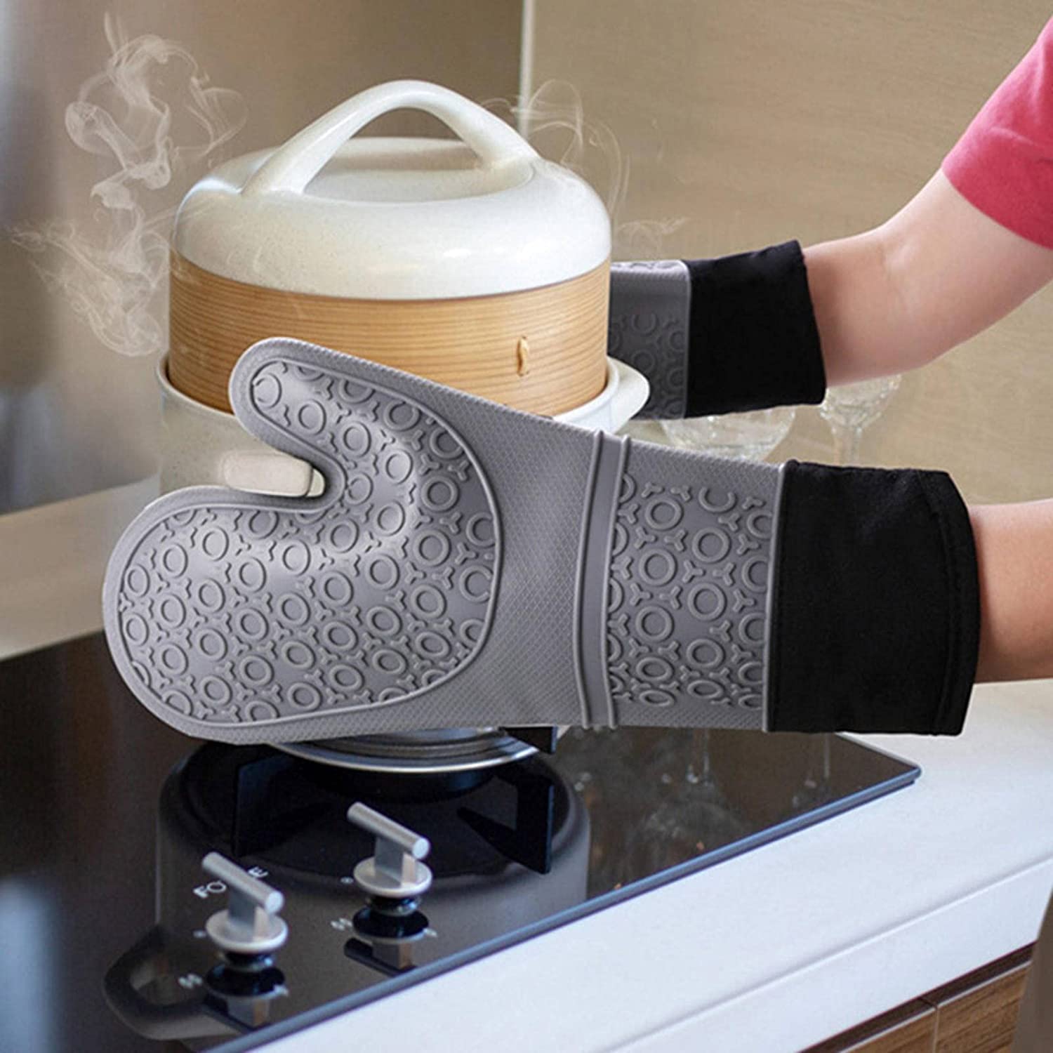 Guantes de horno de silicona resistentes al calor con forro de algodón acolchado, guantes de horno extra largos antideslizantes para barbacoa, cocinar, hornear, asar a la parrilla, barbacoa, microonda
